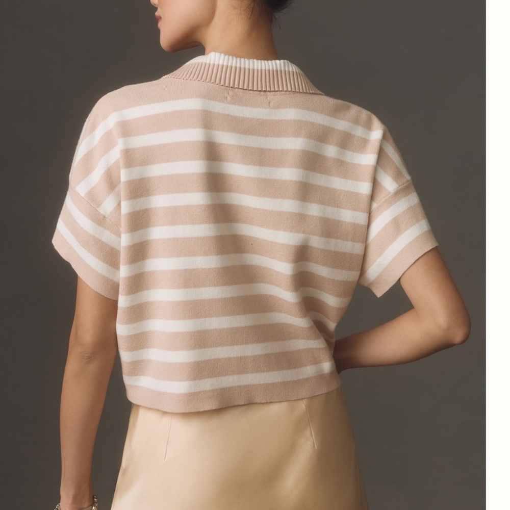 Anthropologie Collared Short Sleeve Sweater Tee Striped Tan White Medium NEW - Picture 3 of 12